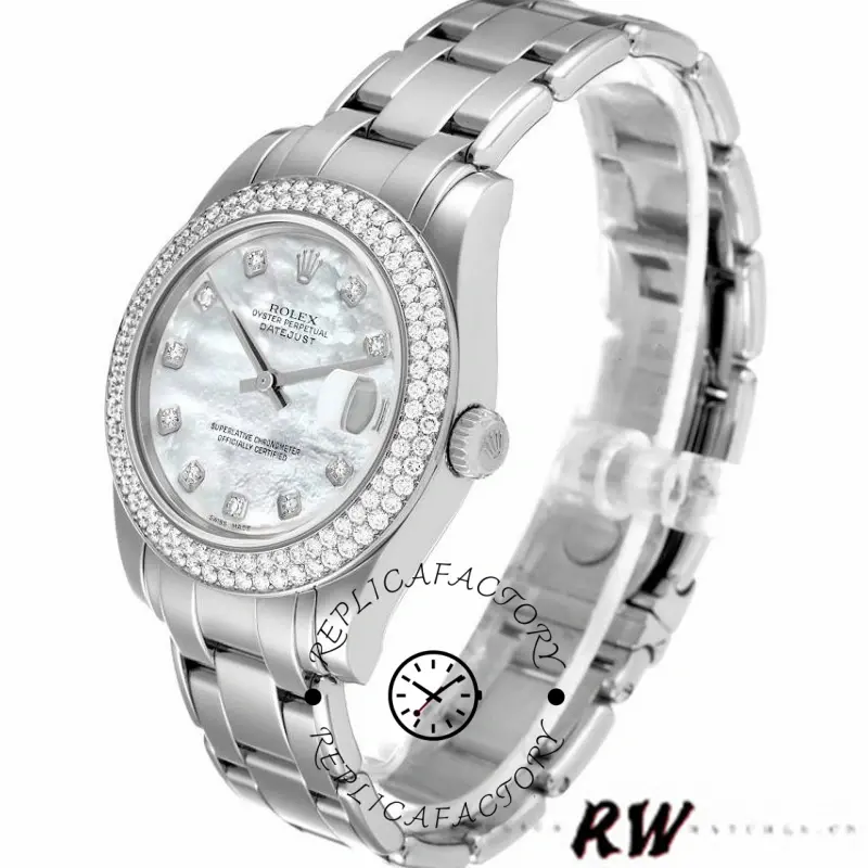 Rolex Pearlmaster 81339 White MOP Diamond Dial 34mm Lady Replica Watch - QualitySwissReplica