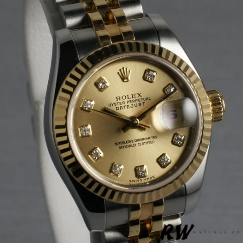 Rolex Datejust 179173 Champagne Diamond Dial Fluted Bezel 26MM Lady Replica Watch - QualitySwissReplica