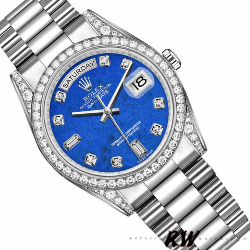 Rolex Day-Date 118389 Diamond Bezel Lapis Lazuli Blue Dial 36MM Unisex Replica Watch - QualitySwissReplica