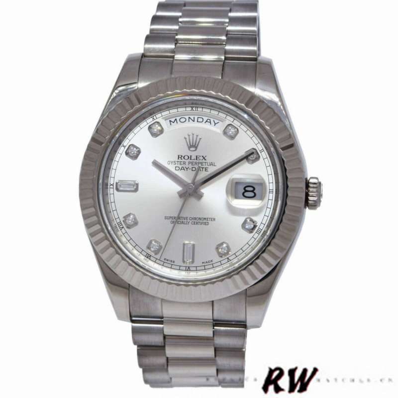 Rolex Day-Date 218239 Diamond Silver Dial White Gold 41MM Mens Replica Watch - QualitySwissReplica