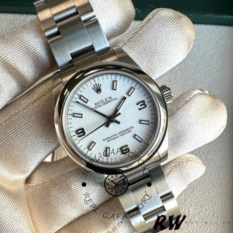 Rolex Oyster Perpetual 177200 White Arabic Dial Oyster Bracelet 31mm Lady Replica Watch - QualitySwissReplica