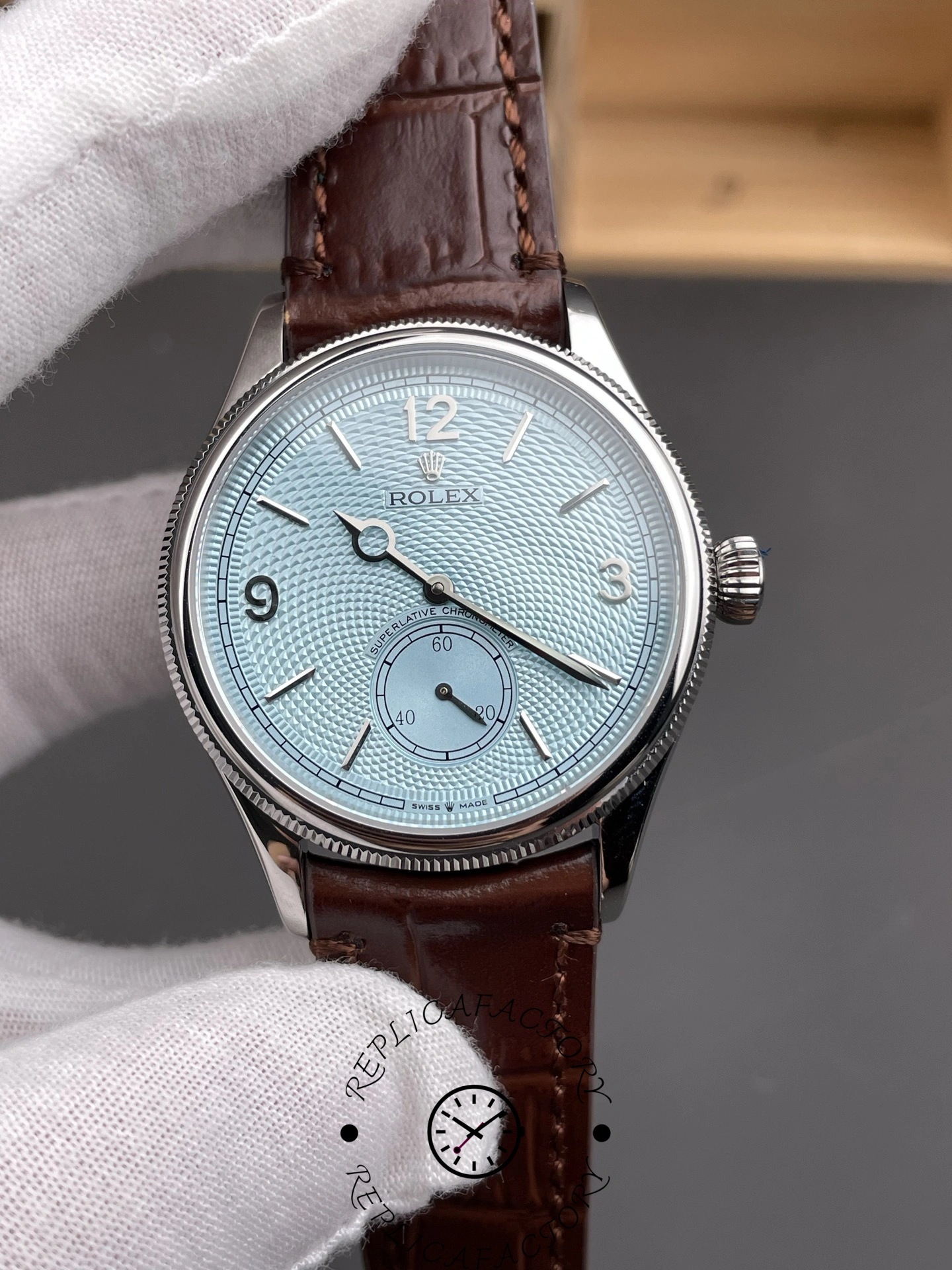 Rolex 1908 52506 0002 Ice Blue Dial Brown Leather Strap 39 mm Replica Watch - QualitySwissReplica