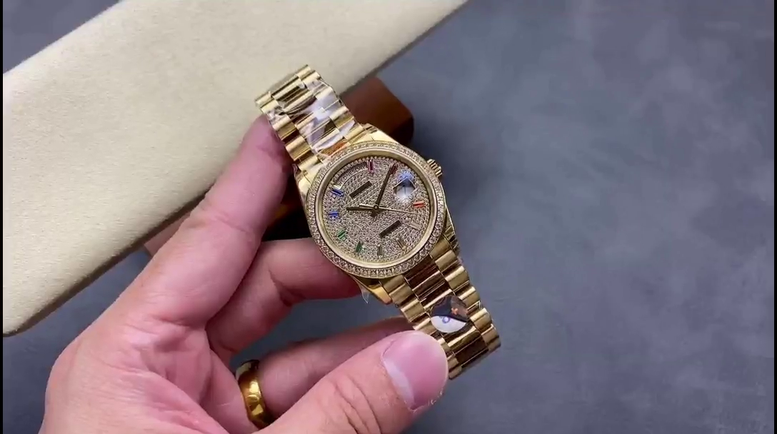Rolex Day Date 36mm Yellow Gold 128348RBR 0030 Pave Rainbow Diamonds Sapphires Dial - QualitySwissReplica