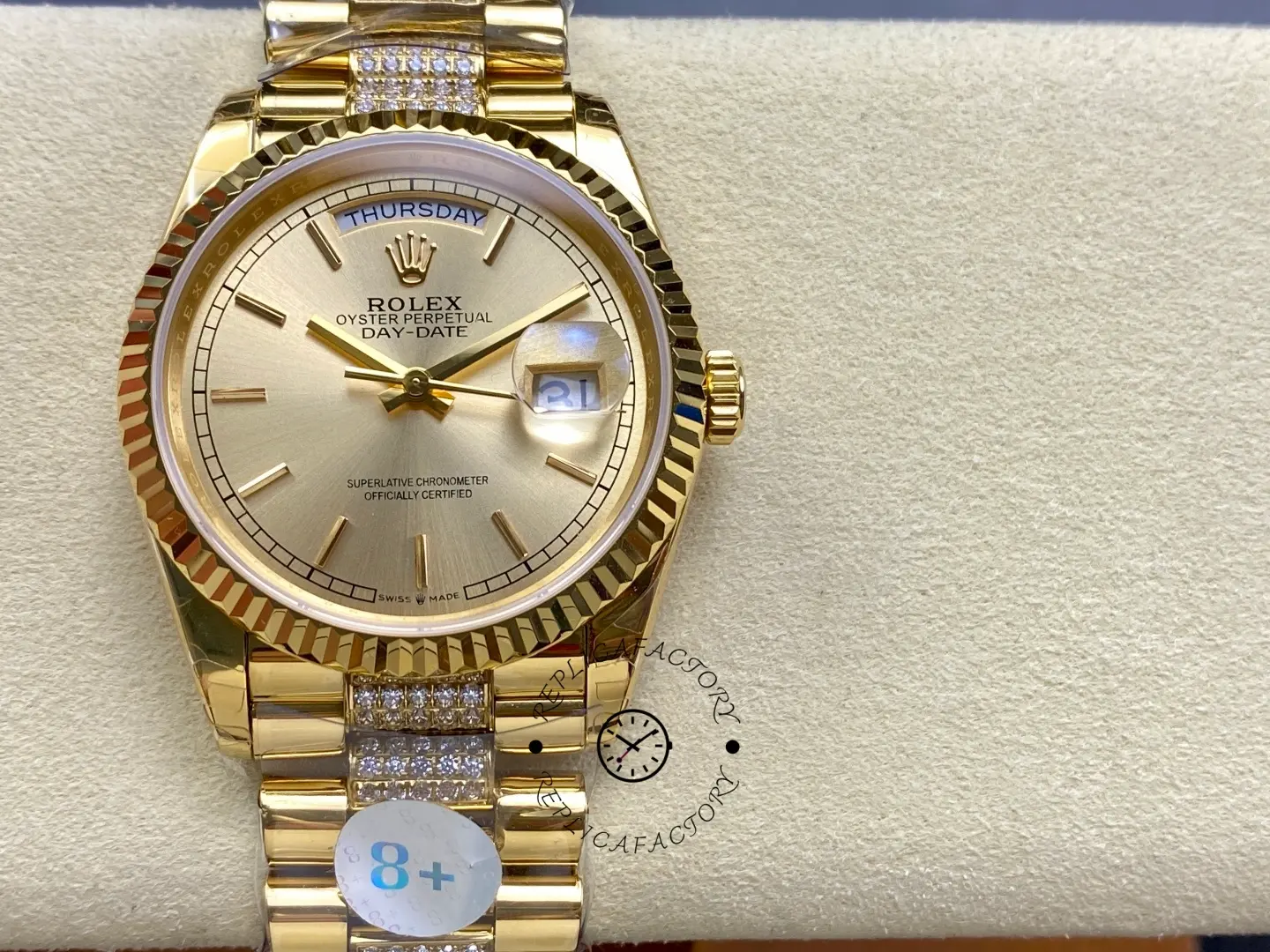 Rolex Day-Date 128238 0046 Replica Champagne Dial 36mm Fluted Bezel - QualitySwissReplica