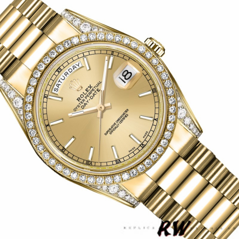 Rolex Day-Date 118388 Diamond Bezel Champagne Index Dial 36MM Unisex Replica Watch - QualitySwissReplica