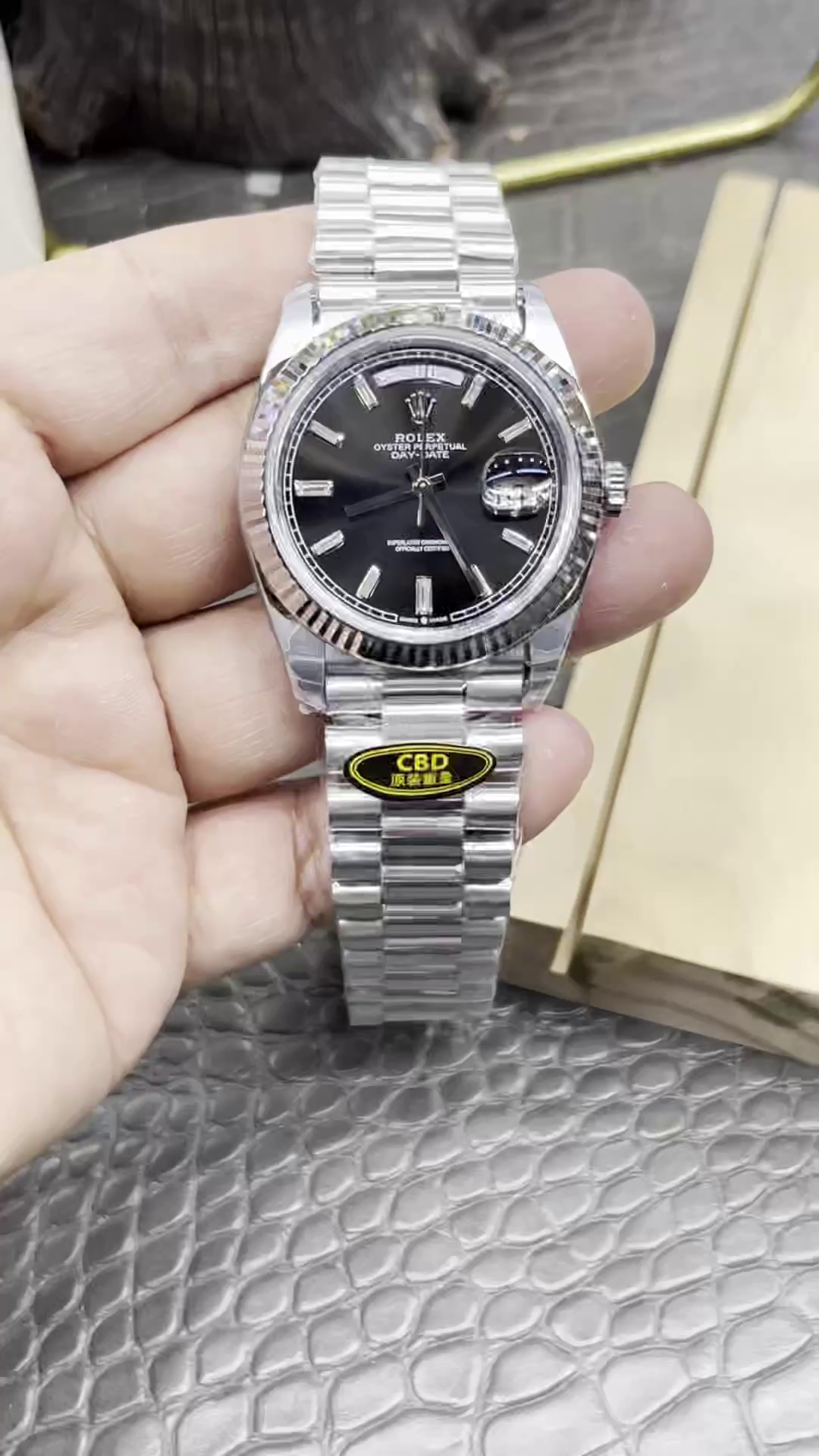 Rolex Day-Date 40mm 228239 0005 Black Diamond Dial Fluted Bezel Mens Replica Watch - QualitySwissReplica