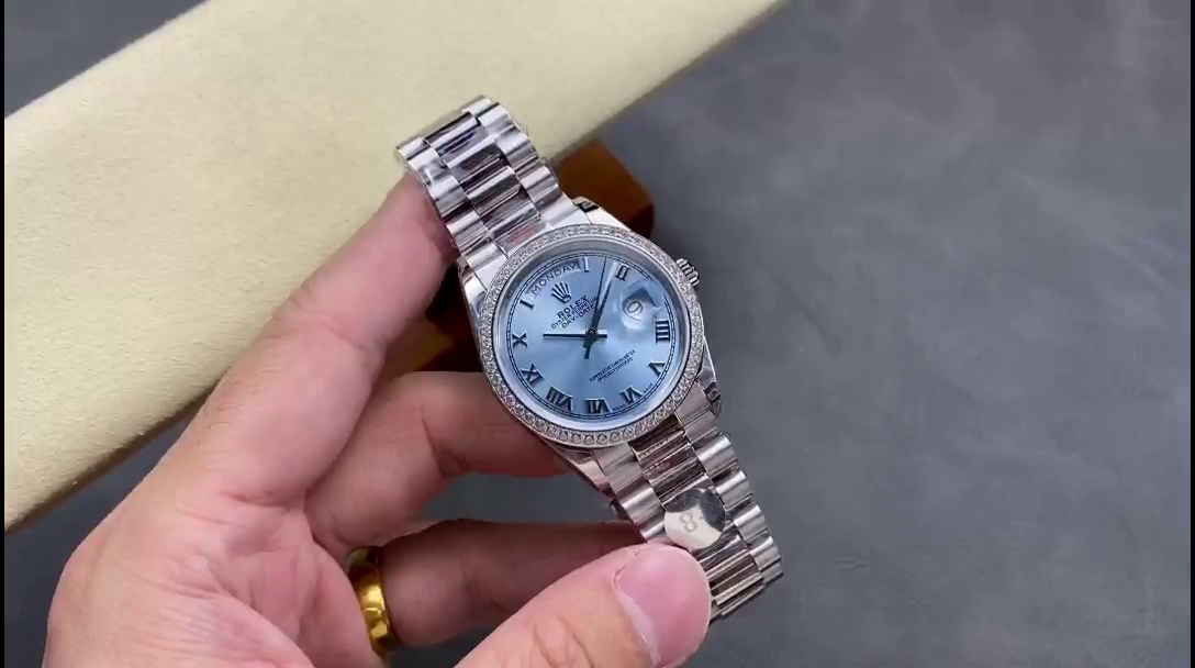 Rolex Day Date 36 Diamond Bezel Ice Blue Roman Dial m128396tbr 0019 - QualitySwissReplica