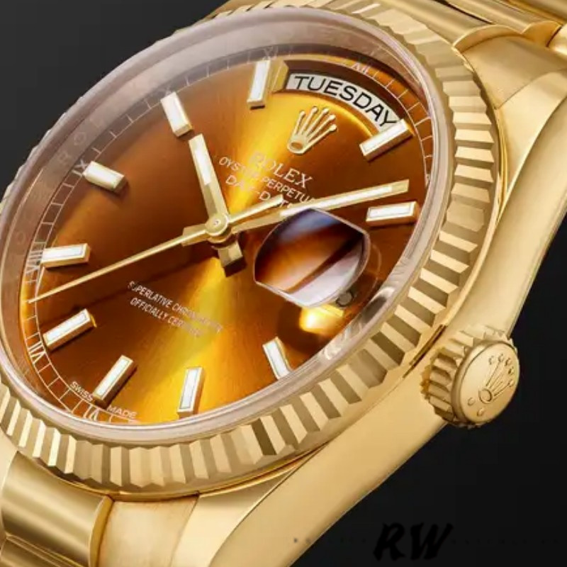 Rolex Day-Date 118238 Index Cognac Dial Fluted Bezel 36mm Unisex Replica Watch - QualitySwissReplica