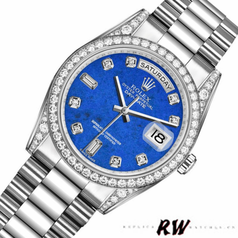 Rolex Day-Date 118389 Diamond Bezel Lapis Lazuli Blue Dial 36MM Unisex Replica Watch - QualitySwissReplica