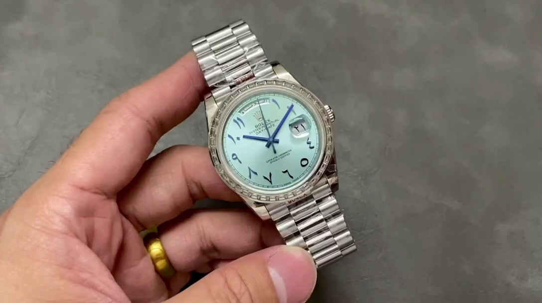 Rolex Day-Date 40mm Platinum Ice Blue Arabic Dial Diamond Bezel 228396TBR Men's Watch - QualitySwissReplica