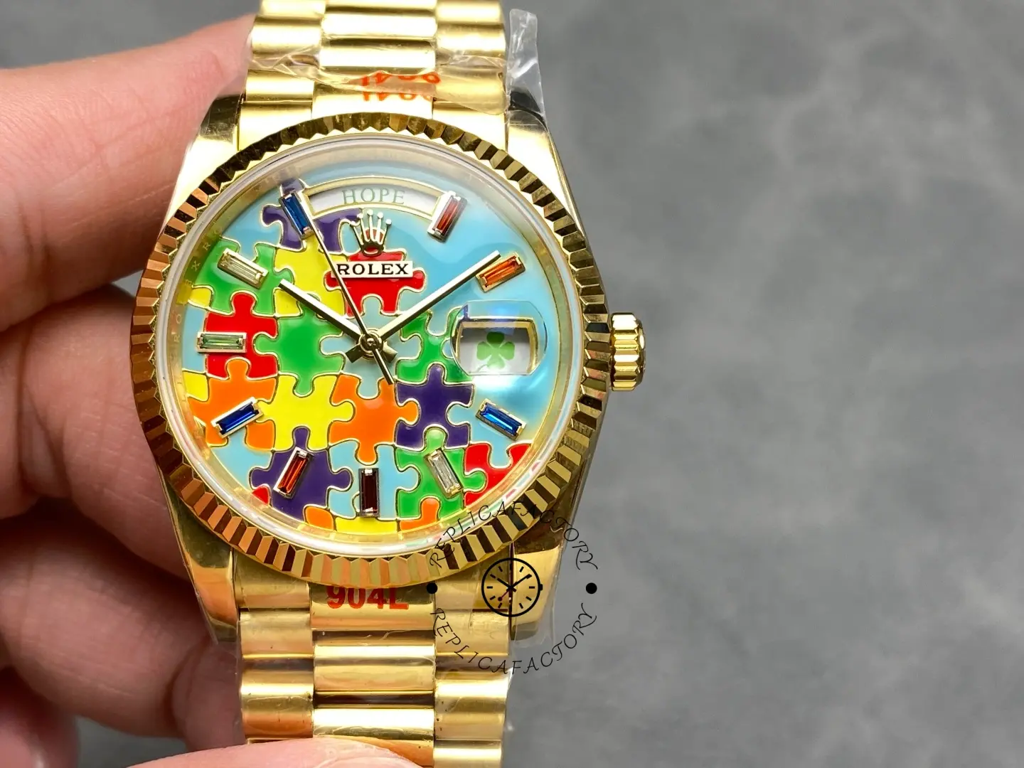 Rolex Day Date 128238-0106 36mm Yellow Gold Fluted Bezel Emoji Puzzle Dial - QualitySwissReplica