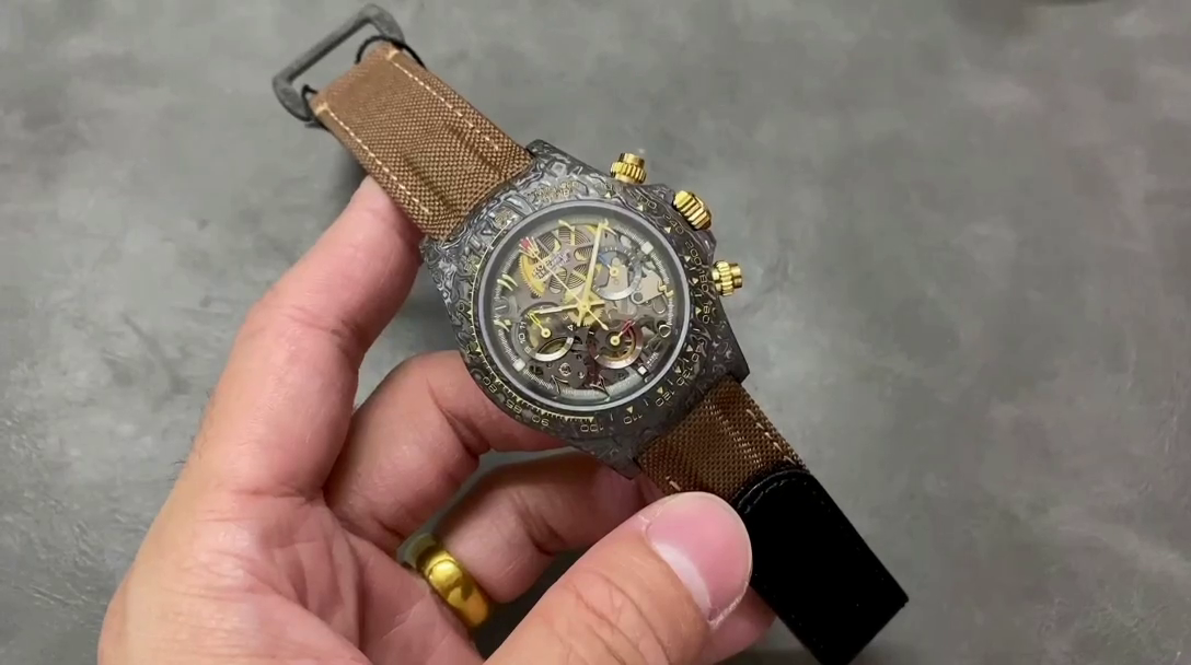 Rolex Daytona Cosmograph DIW Carbon Case Skeleton Dial Brwon Nylon Strap - QualitySwissReplica
