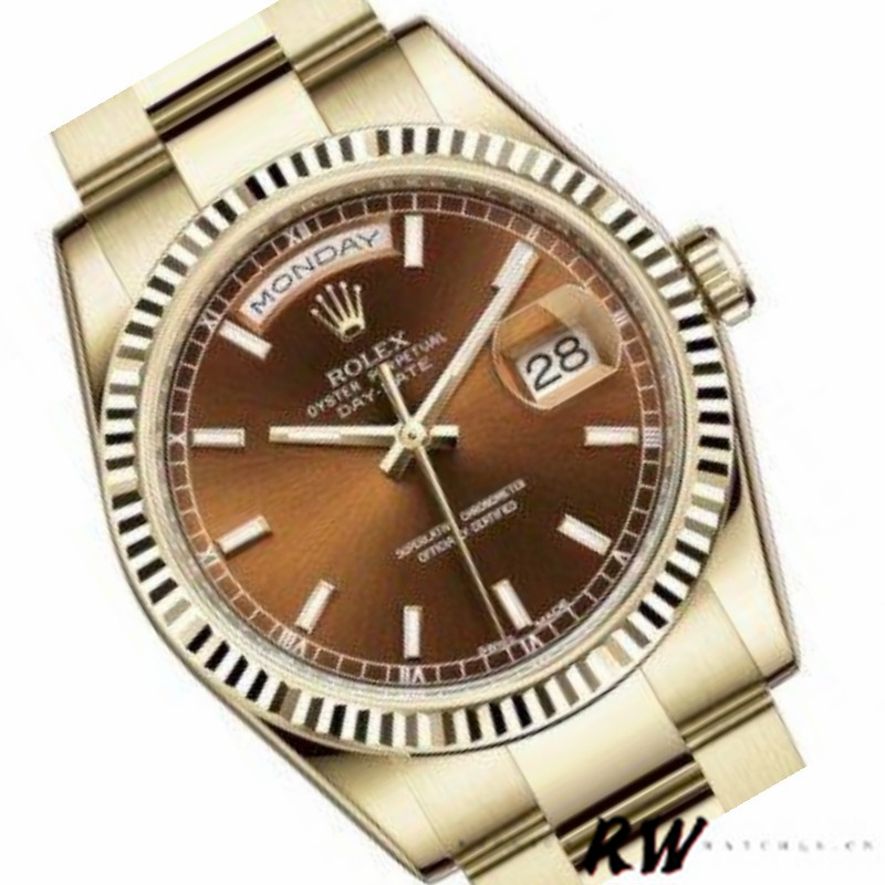Rolex Day-Date 118238 Index Cognac Dial Fluted Bezel 36mm Unisex Replica Watch - QualitySwissReplica