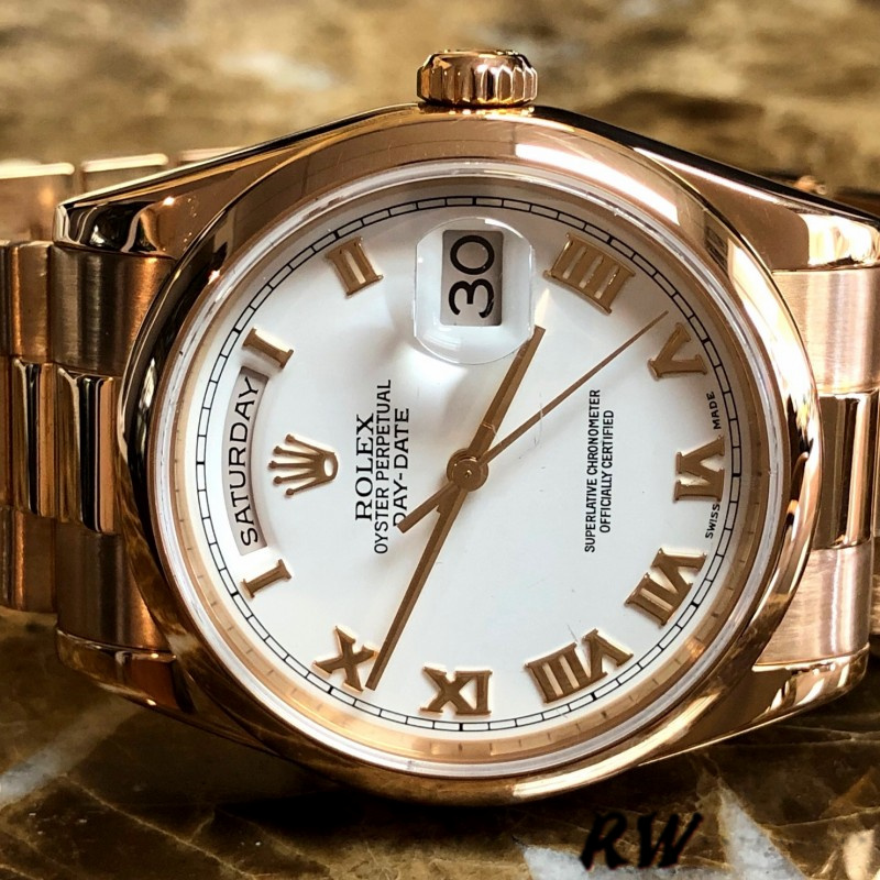 Rolex Day-Date 118205 Everose Gold White Dial 36mm Unisex Replica Watch - QualitySwissReplica