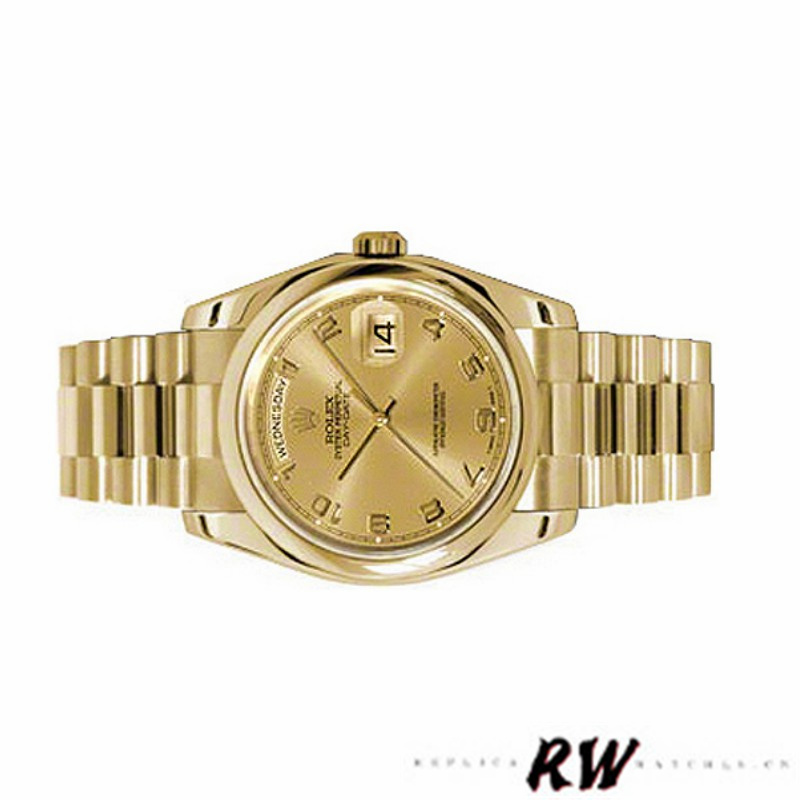 Rolex Day-Date 118208 champagne dial Arabic Numeral Hour Markers yellow gold 36mm Unisex Replica Watch - QualitySwissReplica