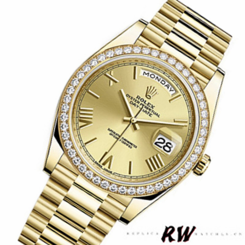 Rolex Day-Date 228348RBR Champagne Roman Dial Diamond Bezel 40mm Mens Replica Watch - QualitySwissReplica