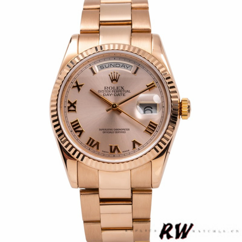 Rolex Day-Date 118235 Pink Roman Numeral dial Fluted Bezel 36mm Lady Replica Watch - QualitySwissReplica