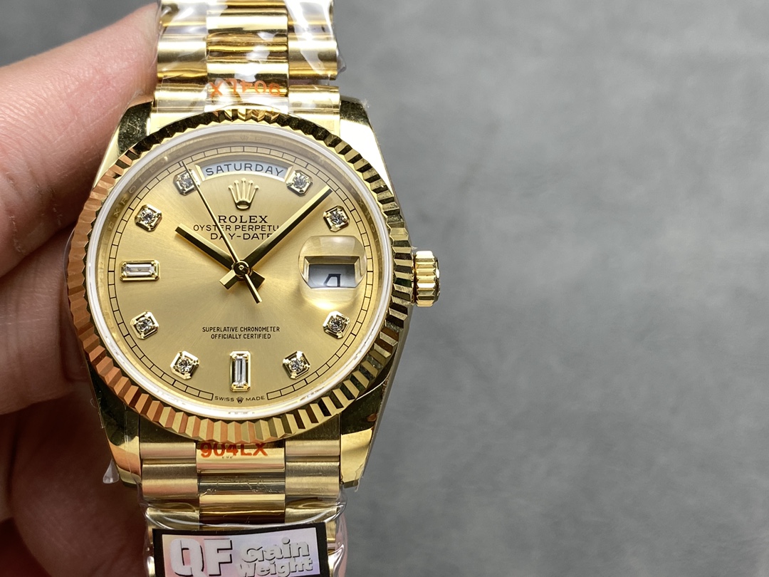 Rolex Day-Date 128238 0008 Fluted Bezel Champagne Diamond Dial 36MM Unisex Replica Watch - QualitySwissReplica