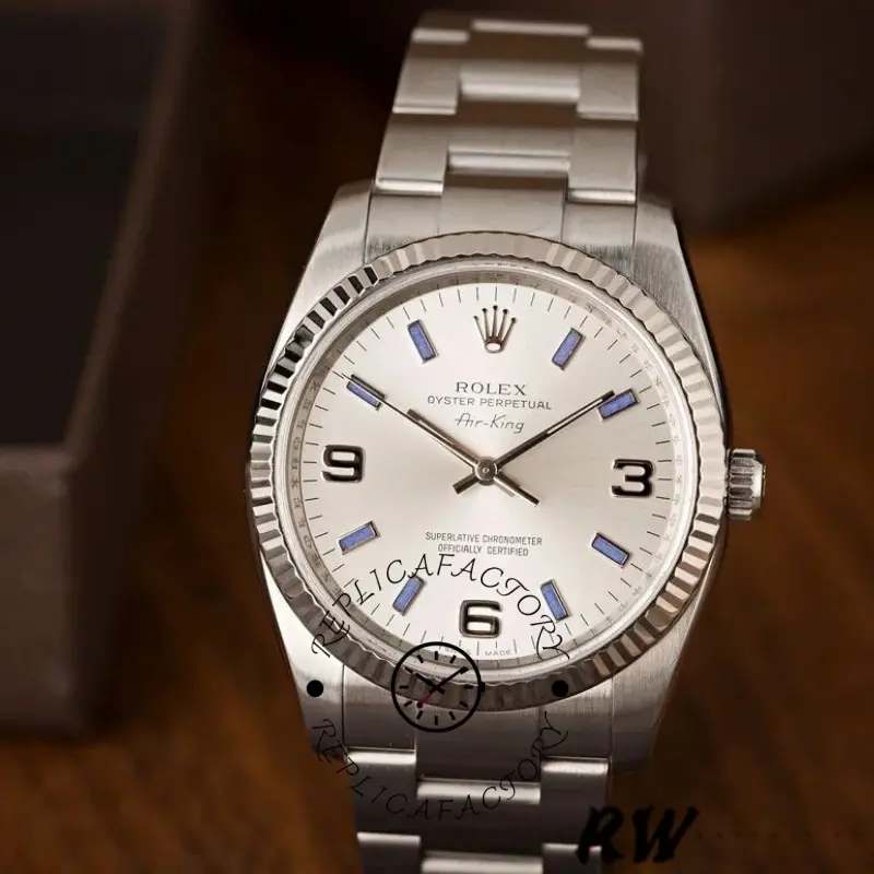 Rolex Oyster Perpetual Air-King 114234 Blue Hour Markers Silver Dial 34mm Unisex replica watch - QualitySwissReplica