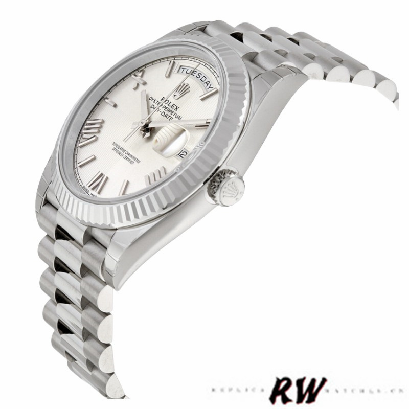 Rolex Day-Date 228239 Silver Quadrant Motif Roman Dial Fluted Bezel 40mm Mens Replica Watch - QualitySwissReplica