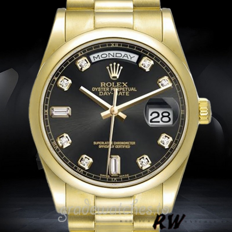 Rolex Day-Date 118208 Black Diamond Dial 36mm Unisex Replica Watch - QualitySwissReplica