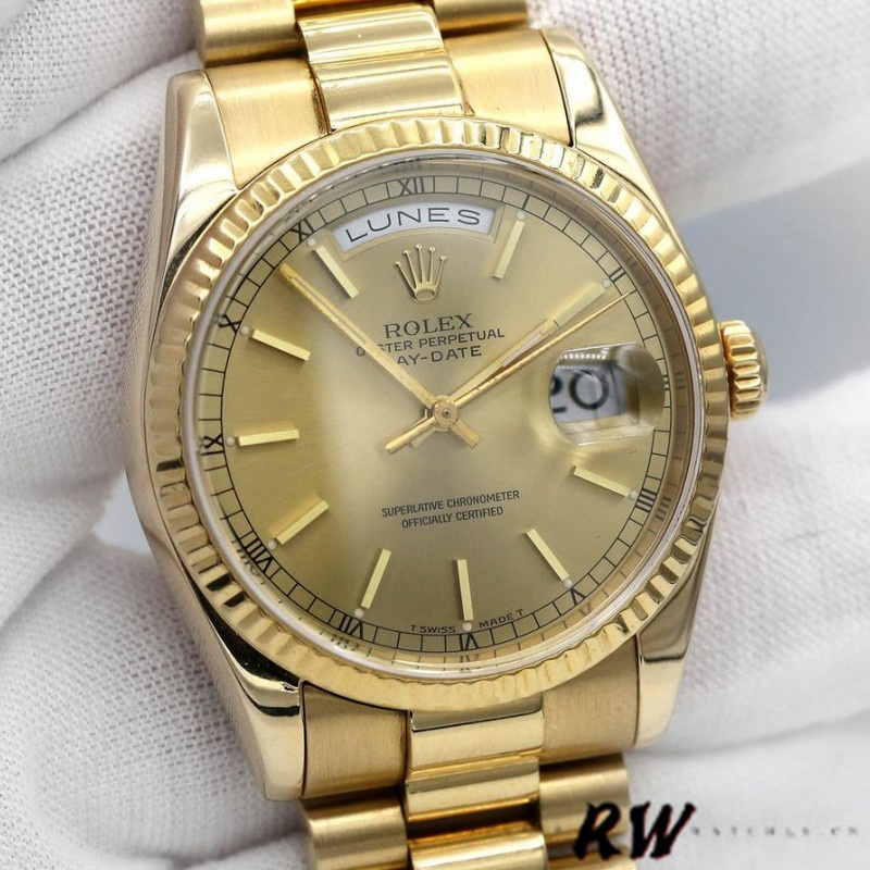 Rolex Day-Date 118238 Yellow Gold Fluted Bezel Champagne Dial 36mm Unisex Replica Watch - QualitySwissReplica