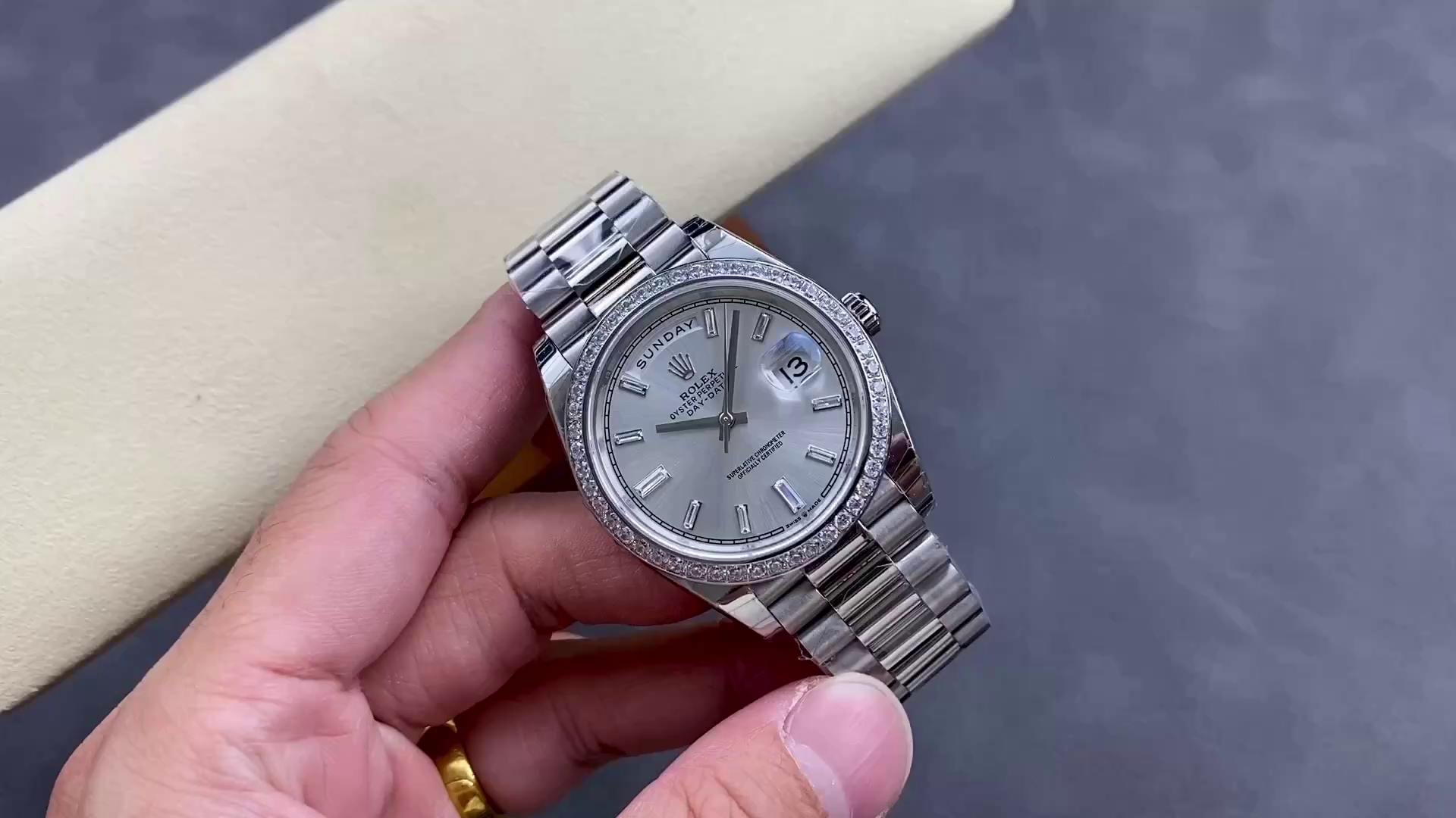 Rolex Day-Date 228349RBR Silver Dial Diamond Bezel 40mm Mens Replica Watch - QualitySwissReplica