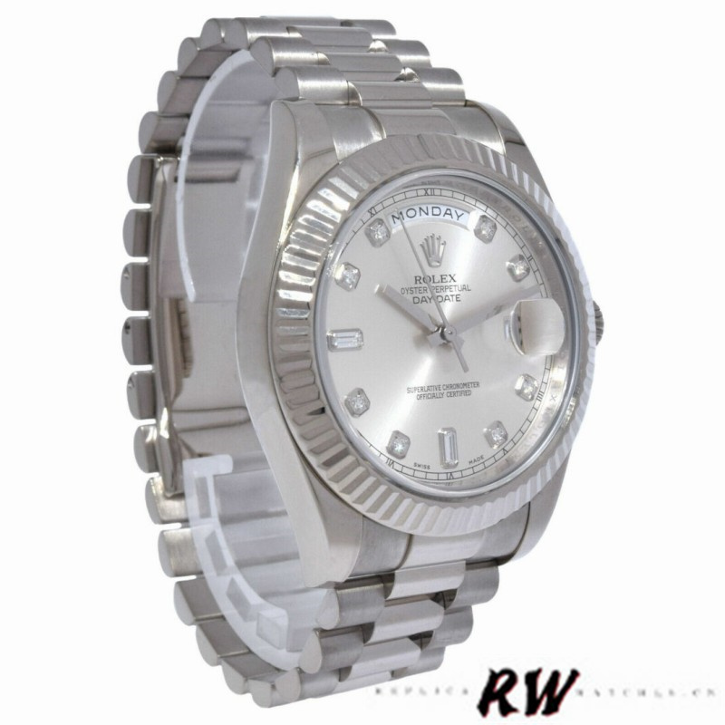 Rolex Day-Date 218239 Diamond Silver Dial White Gold 41MM Mens Replica Watch - QualitySwissReplica