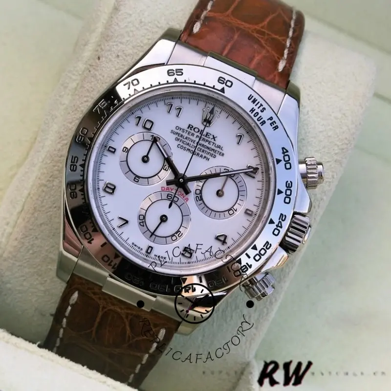 Rolex Daytona 116519 white Arabic dial brown leather strap 40mm Mens Replica Watch - QualitySwissReplica