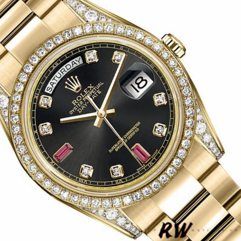 Rolex Day-Date 118388 Black Diamond Rubies Dial 36mm Unisex Replica Watch - QualitySwissReplica