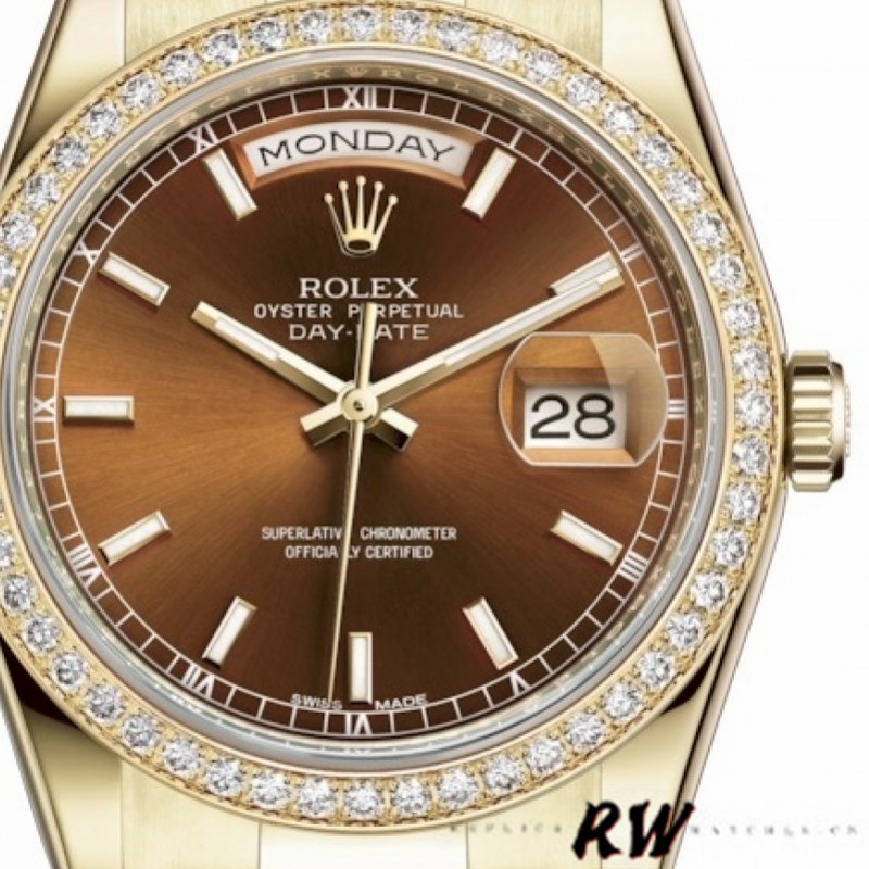 Rolex Day Date 118348 Chocolate Brown Dial Yellow Gold 36mm Unisex Replica Watch - QualitySwissReplica