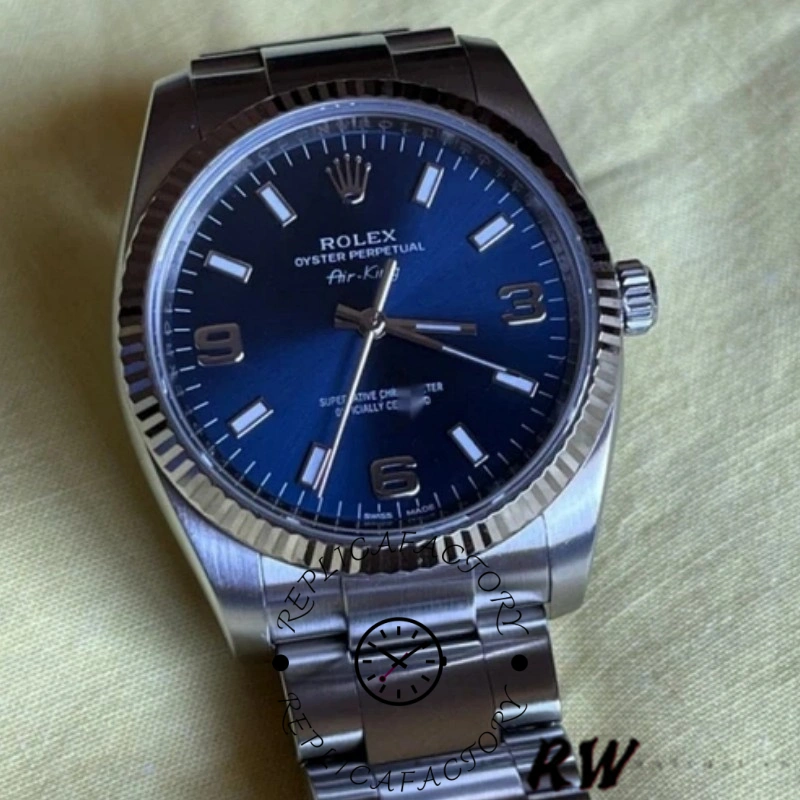 Rolex Oyster Perpetual Air-King 114234 Blue Dial fluted white gold bezel 34mm Unisex replica watch - QualitySwissReplica