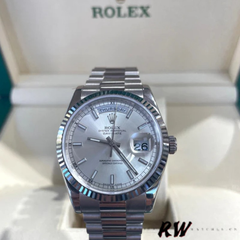 Rolex Day-Date 118239 White Gold Silver dial Fluted Bezel 36mm Unisex Replica Watch - QualitySwissReplica