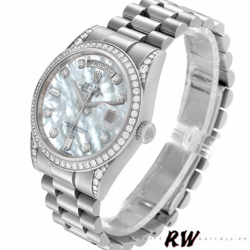 Rolex Day-Date 118389 Diamond Bezel MOP White Dial 36MM Unisex Replica Watch - QualitySwissReplica