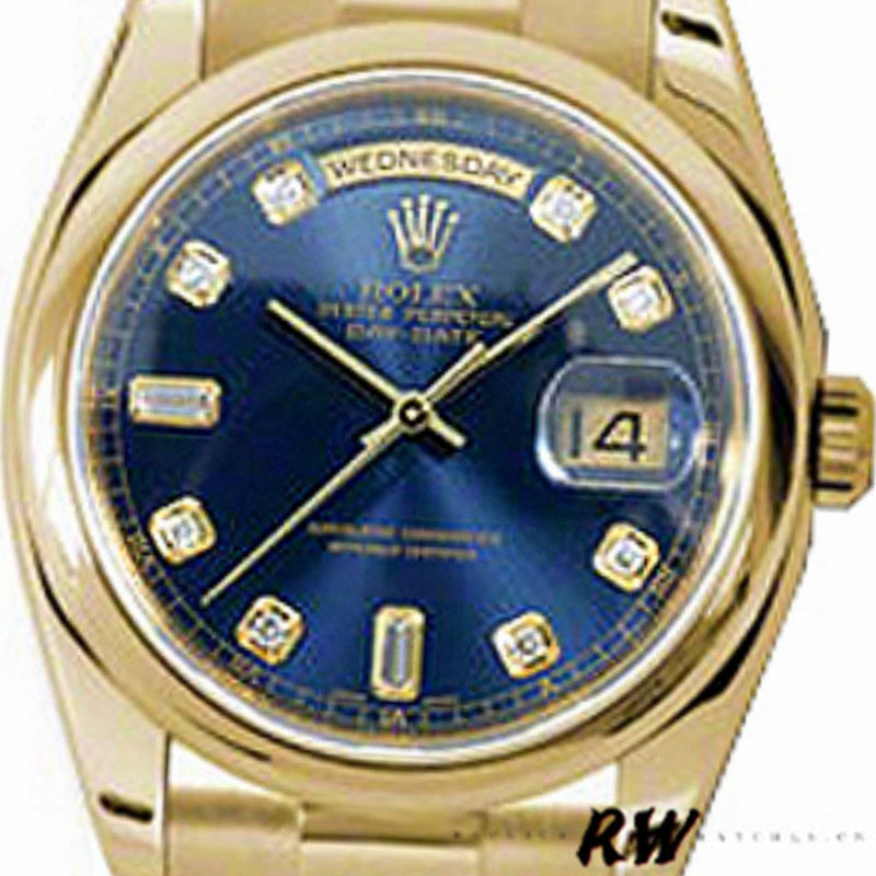 Rolex Day-Date 118208 Yellow Gold Blue Diamond Dial 36mm Unisex Replica Watch - QualitySwissReplica