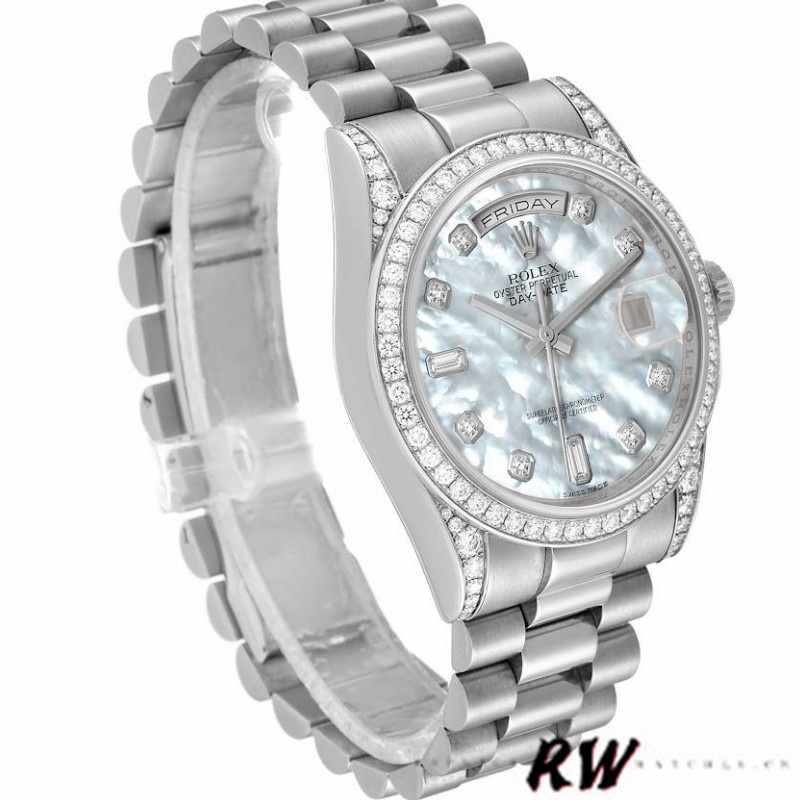 Rolex Day-Date 118389 Diamond Bezel MOP White Dial 36MM Unisex Replica Watch - QualitySwissReplica