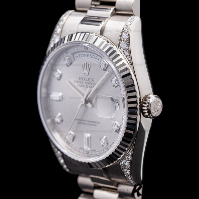 Rolex Day Date 118339 White Gold Silver Dial Fluted Bezel 36mm Unisex Replica Watch - QualitySwissReplica