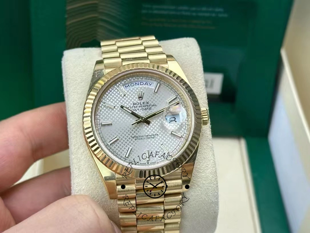 Rolex Day-Date 228348RBR Silver Diagonal Motif Dial Diamond Bezel 40mm Mens Replica Watch - QualitySwissReplica
