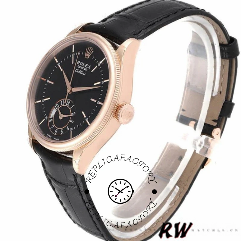 Rolex Cellini Dual Time 50525 Black Dial Black Leather Strap 39mm Mens Replica Watch - QualitySwissReplica