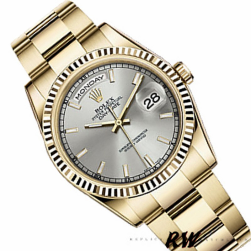 Rolex Day-Date 118238 Yellow Gold Silver dial Fluted Bezel 36mm Unisex Replica Watch - QualitySwissReplica
