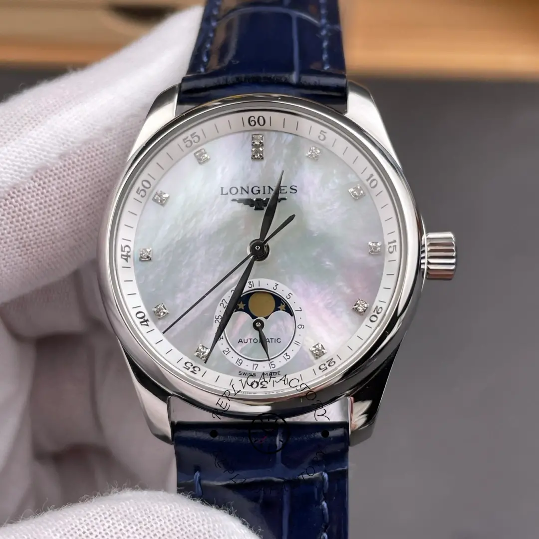 Longines Master Replica L2.409.4.87.0 MOP Diamond 34 Moonphase Alligator Watch - QualitySwissReplica