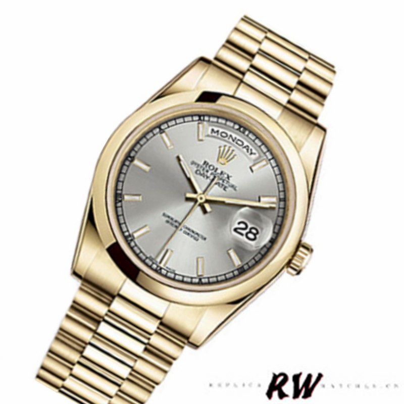 Rolex Day-Date 118208 Silver Dial Domed Bezel 36mm Unisex Replica Watch - QualitySwissReplica