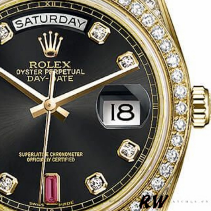 Rolex Day-Date 118388 Black Diamond Rubies Dial 36mm Unisex Replica Watch - QualitySwissReplica