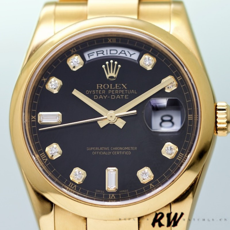 Rolex Day-Date 118208 Black Diamond Dial Yellow Gold 36mm Unisex Replica Watch - QualitySwissReplica