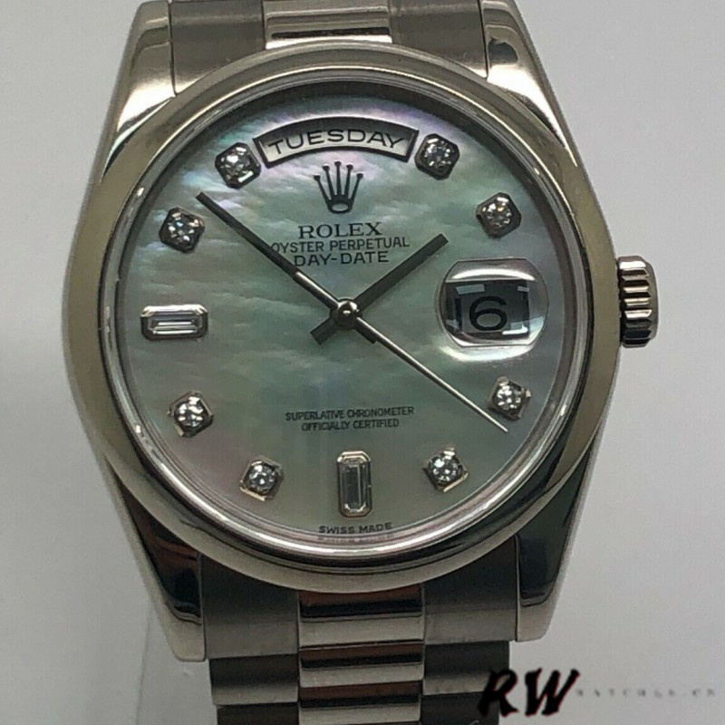 Rolex Day-Date 118206 Platinum White Mother of Pearl Diamond Dial 36mm Unisex Replica Watch - QualitySwissReplica
