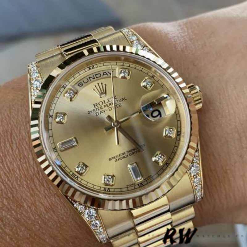 Rolex Day-Date 118338 Yellow Gold Champagne Diamonds Dial 36mm Unisex Replica Watch - QualitySwissReplica