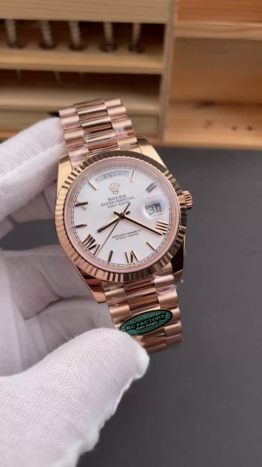 Rolex Day-Date 228235 White Roman Numeral Dial Fluted Bezel 40mm Mens Replica Watch - QualitySwissReplica