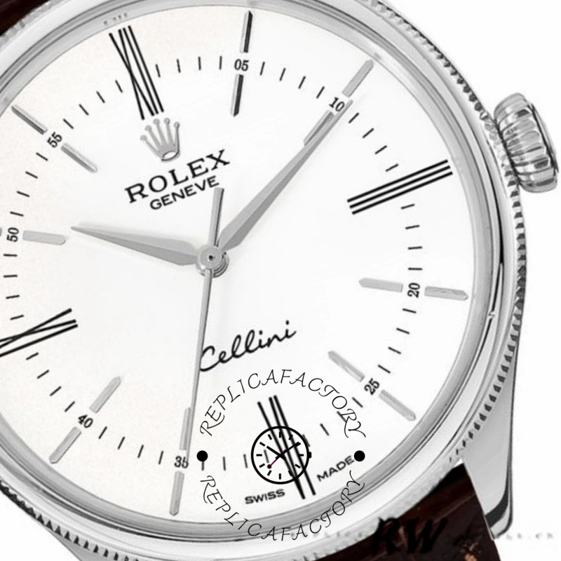 Rolex Cellini Time 50509 Brown Leather Strap White Dial 39mm Mens Replica Watch - QualitySwissReplica