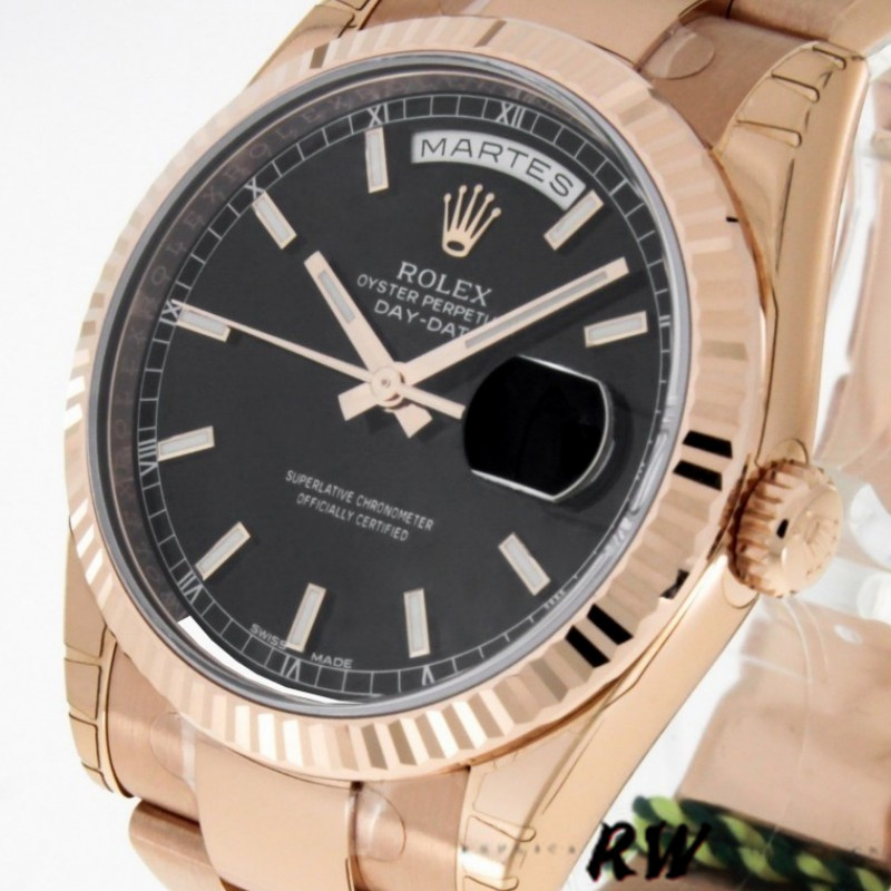 Rolex Day-Date 118235 Black Dial Fluted Bezel 36mm Unisex Replica Watch - QualitySwissReplica