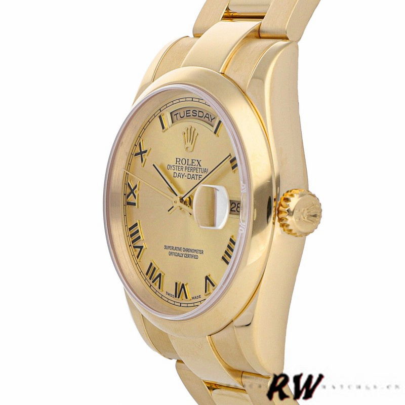 Rolex Day-Date 118208 Yellow Gold Champagne Dial Roman Numerals 36mm Unisex Replica Watch - QualitySwissReplica